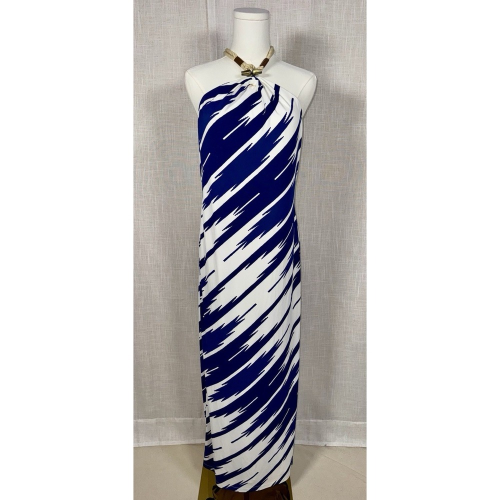 Ralph Lauren Black Label Women's Sz 12 Blue Cream Print Jersey Halter Dress